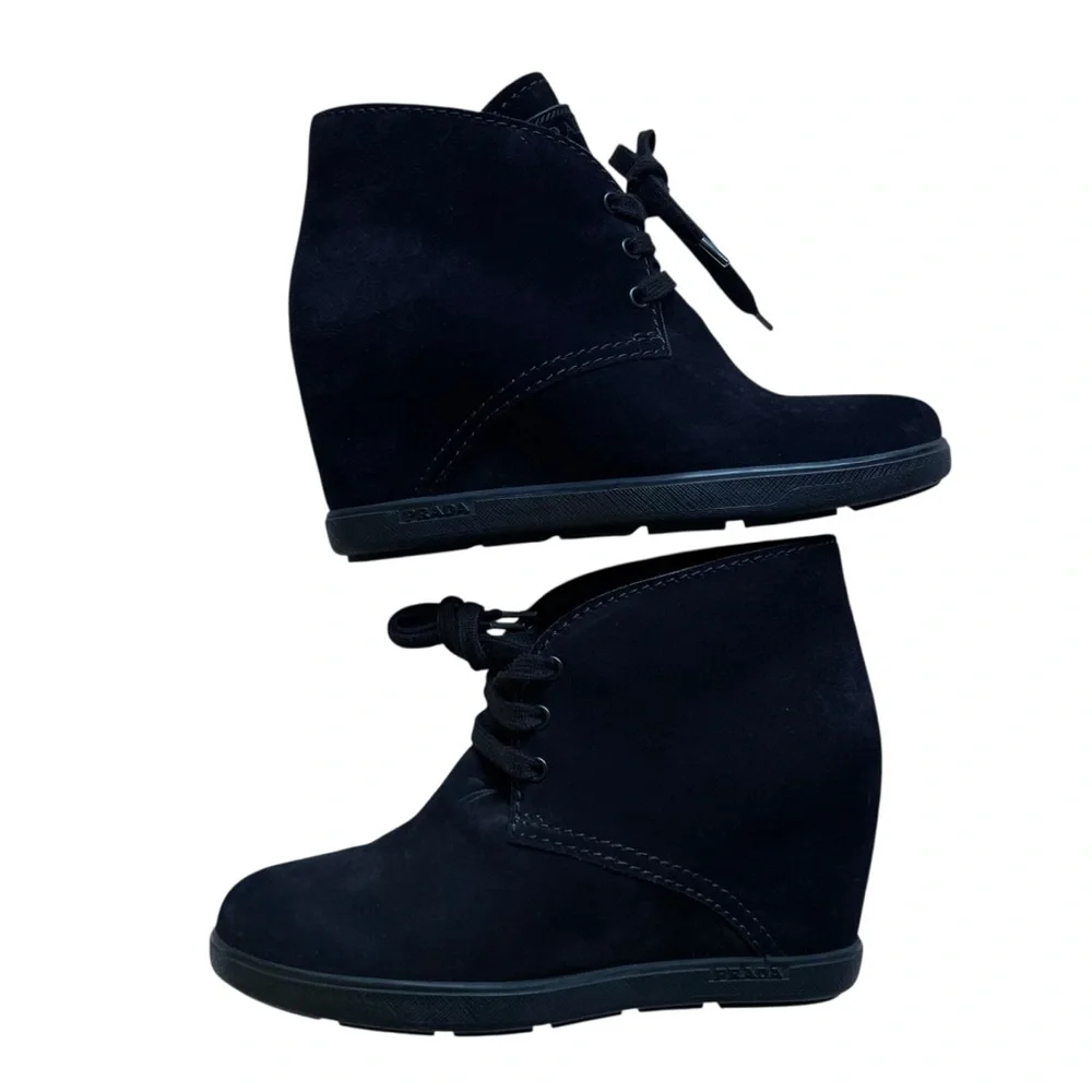 Prada Black Suede Lace-Up Ankle Shoes Women’s EU 36.5